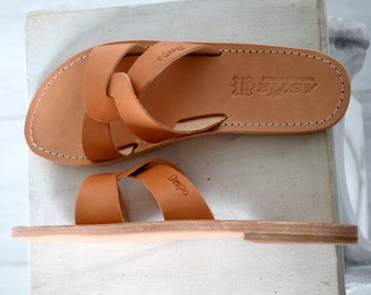 Slides for women, Personalized sandals, Monogram slippers, Ancient Greek leather sandals, Women Greek leather sandals, Leather sandals