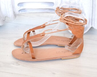 Griechische Schnürsandalen aus Leder, Naturbraun, handgefertigtes Leder, elegante Schnürsandalen, IOS Damen-Sommerschuhe