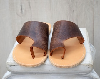 Men's Greek Leather Toe Loop Sandals – Handmade Brown Slides with Natural Sole | Astir Sandals
