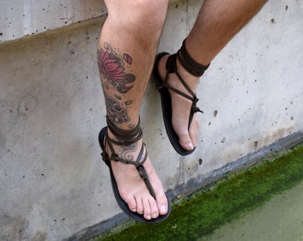 Genuine Leather Barefoot, Khaki Huarache Sandals, Ankle Strap