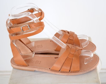 Women Ankle strap Slides Leather Sandals - PLEXIDA in Greek Style