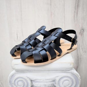Men’s Greek Fisherman Sandals – Handmade Black Leather Sandals with Buckle Strap, Comfortable Summer Shoes