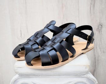 Men’s Greek Fisherman Sandals – Handmade Black Leather Sandals with Buckle Strap, Comfortable Summer Shoes