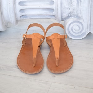 May include: A pair of brown leather sandals with a t-strap design. The sandals have a simple, minimalist style and are perfect for warm weather.