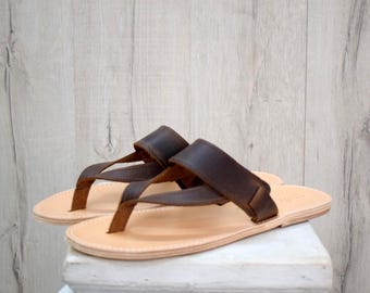 Men’s Thongs Leather Sandals – Handmade Greek Brown Flip Flops for Summer
