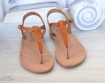 Sandales avec barre en T, Sandales pour hommes, Sandales pour femmes, Sandales faites main, Cuir véritable, Classiques et élégants, Tout en cuir, Sandales beiges naturelles, SKOPELOS