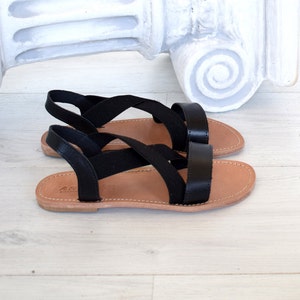 Greek handmade, Chic sandals, Genuine Leather,  handcrafted leather, unique design, flats, black sandals, elastic sandals, elastic SAFONIDI