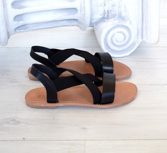 Greek handmade, Chic sandals, Genuine Leather,  handcrafted leather, unique design, flats, black sandals, elastic sandals, elastic SAFONIDI