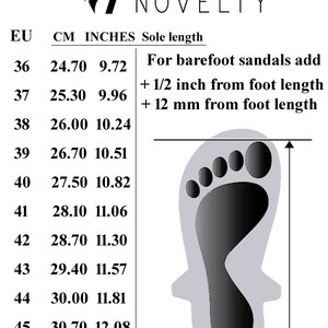 May include: A black and white sizing chart for Sparta Novelty featuring a list of EU sizes from 36 to 46 with corresponding measurements in centimeters and inches. It includes a diagram of a foot with instructions to add 1/2 inch or 12 mm for sandals.