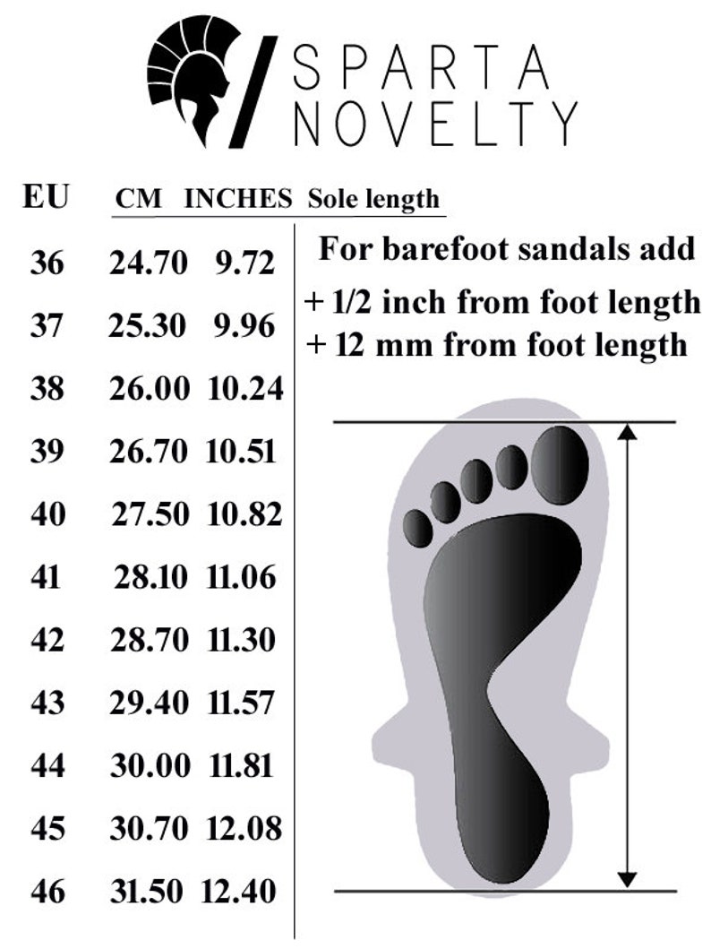 May include: A black and white sizing chart for Sparta Novelty featuring a list of EU sizes from 36 to 46 with corresponding measurements in centimeters and inches. It includes a diagram of a foot with instructions to add 1/2 inch or 12 mm for sandals.