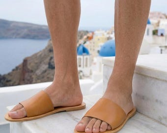 Men’s Greek Leather Slide Sandals – Handmade Flat / No Heel Option – Comfortable Summer Slides