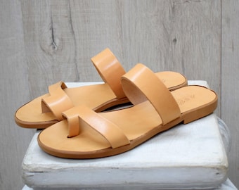 Women's Greek Leather Sandals – Handmade Toe Loop Flats with Non-Slip Rubber Sole
