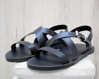Sandalias negras de piel para hombre – Diseño griego artesanal con tiras cruzadas, cómodas sandalias de verano