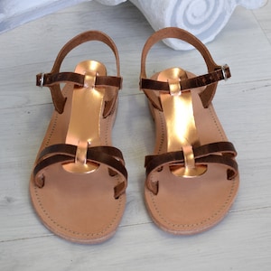 Handmade Greek Leather Sandals for Women – Brown Toe Loop Flats with Rose Gold Accents and Buckle Strap, SOFIA
