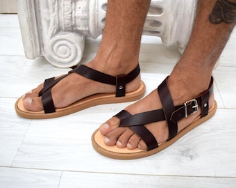 Men’s Greek Leather Sandals – Handmade Brown Toe Loop Cross Strap Summer Shoes with Buckle