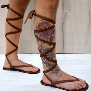 Sandali a piedi nudi in vera pelle, sandali Huarache marroni, sandali con cinturino alla caviglia, sandali da corsa, gladiatore elegante, scarpe da spiaggia, immagine 3