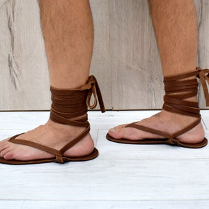 Sandali a piedi nudi in vera pelle, sandali Huarache marroni, sandali con cinturino alla caviglia, sandali da corsa, gladiatore elegante, scarpe da spiaggia, immagine 2