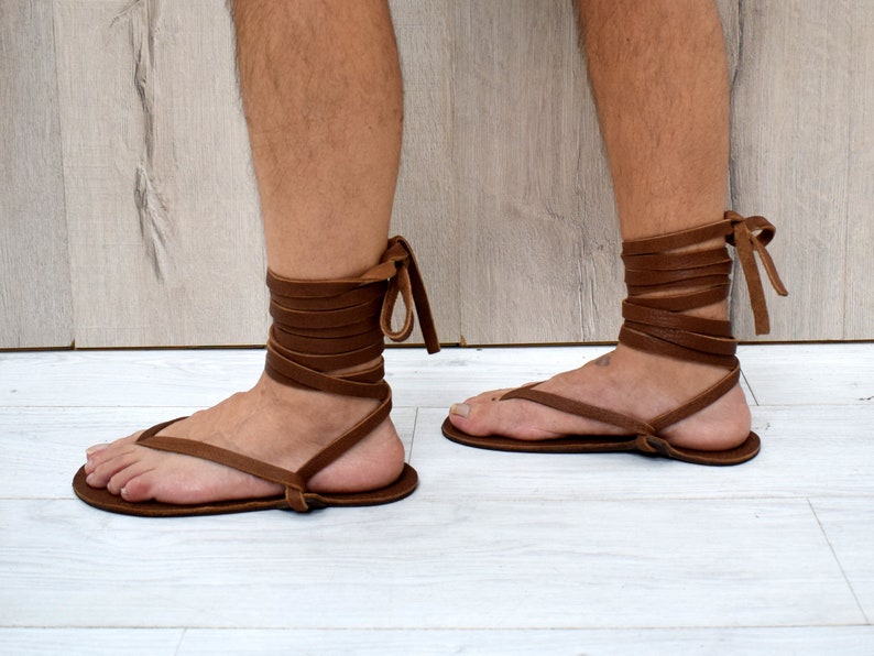 Sandali a piedi nudi in vera pelle, sandali Huarache marroni, sandali con cinturino alla caviglia, sandali da corsa, gladiatore elegante, scarpe da spiaggia, immagine 2