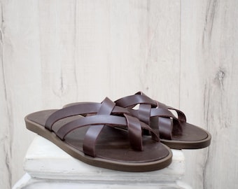 Men’s Greek Leather Sandals for Summer – Handmade Leather Slides with Leather Insole and Anti-Slip Sole