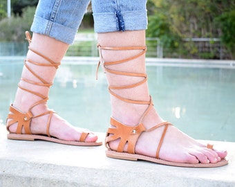 Toe ring tie up Ancient Greek Flat leather sandals, SOPHIA sandals