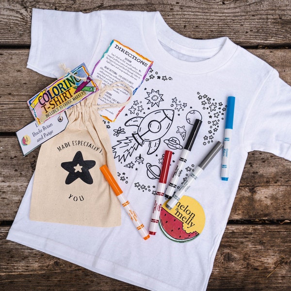 Rocket ship Kids Gift Set MARKERS INCLUDED | Coloring Book Shirt & Permanent Fabric Markers | Color Your Own Shirt | For Girls and Boys