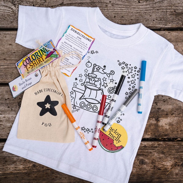 Pirate ship Kids Gift Set MARKERS INCLUDED | Coloring Book Shirt & Permanent Fabric Markers | Color Your Own Shirt | For Girls and Boys