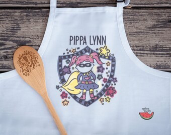 Girl Superhero Personalized Kids Christmas Apron and Wooden Spoon Set | Mini Chef Apron | Customized Gift for Kids | Custom Apron | Poly-Cot