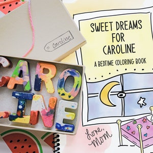 Livre de coloriage personnalisé Sweet Dreams et crayons de nom | Livre de coloriage personnalisé | Livre de coloriage pour enfants | Cadeau d'anniversaire | Cadeau de vacances