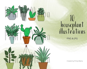 10 Houseplant hand drawn digital images