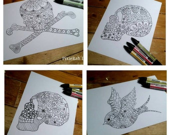 Set of 4 Colouring pages Skulls and Swallow