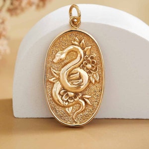 Snake Pendant Solid Bronze or 925 Sterling Silver Floral Oval Snake Charm on Silver or Gold Necklace. Oval Snake Charm Necklace.