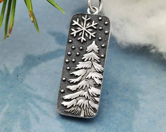 Snowflake Winter Charm 925 Sterling Silver Pine Tree Mountain and Snow Pendant Mountain Jewelry Pine Tree Charm