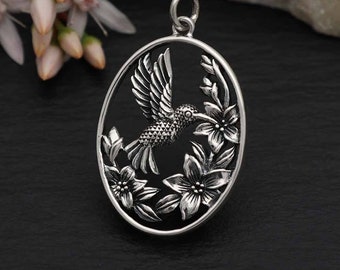 Hummingbird Pendant 925 Sterling Silver Oval Floral Hummingbird Charm Necklace