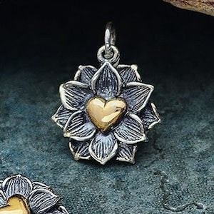 Lotus Heart Charm Sterling Silver Detailed Lotus with Bronze Heart Charm. Heart Lotus Mixed Metal Pendant