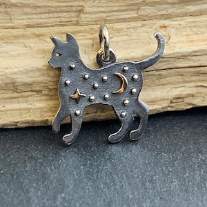 Cat and Moon Charm Sterling Silver. Sterling Silver Black Cat Charm with Bronze Moon and Star. Black Cat Moon Necklace.