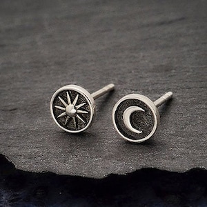 Sun and Moon Tiny Earrings 925 Sterling Silver Stud Earrings, Sun Earring and Moon Earring. Solid Sterling Silver. 6mm Stud Earrings.