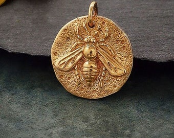Gold Bee Necklace Solid Bronze Round Bee Charm on 14K Gold Filled Necklace Bee Coin Pendant.