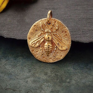 Gold Bee Necklace Solid Bronze Round Bee Charm on 14K Gold Filled Necklace Bee Coin Pendant.
