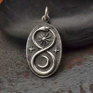 Sterling Silver Ouroboros Charm .925 Sterling Silver Ouroboros Sun and Moon Necklace. Sun Moon and Stars Infinity Snake Ring or Necklace.