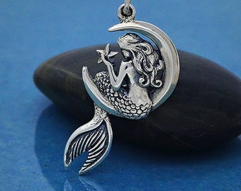 Sterling Silver 925 Mermaid and Moon Charm Necklace. 925 Sterling Silver Mermaid Pendant. Mermaid and Moon Charm.