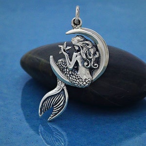 Sterling Silver 925 Mermaid and Moon Charm Necklace. 925 Sterling Silver Mermaid Pendant. Mermaid and Moon Charm.