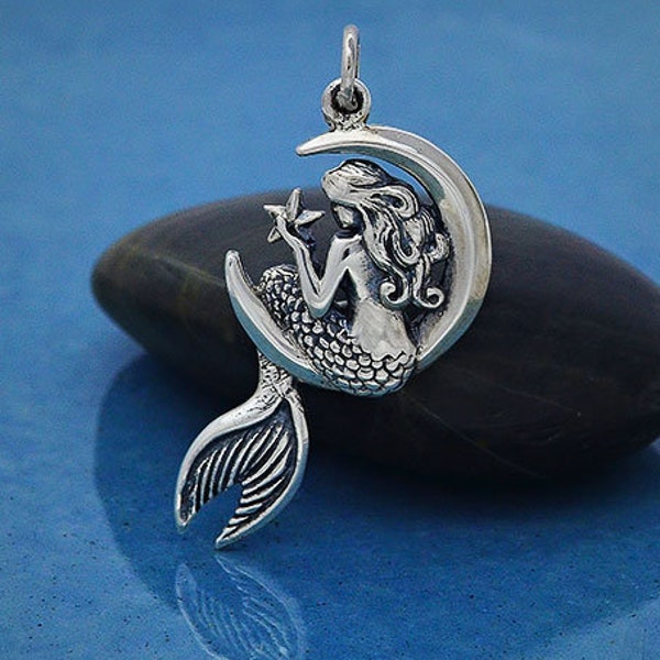 Sterling Silver 925 Mermaid and Moon Charm Necklace. 925 Sterling Silver Mermaid Pendant. Mermaid and Moon Charm.