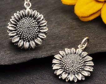 Sunflower Charm Sterling Silver. 925 Solid Sterling Silver Sunflower Necklace. Sunflower Pendant 15mm