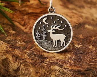 Deer Charm 925 Solid Sterling Silver Deer Charm. Tiny Reindeer Necklace. 15mm Charm. Reindeer and Moon.