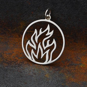 Sterling Silver Fire Element Outline Charm. .925 Sterling Silver Fire Element Pendant. Large Fire Pendant Necklace.
