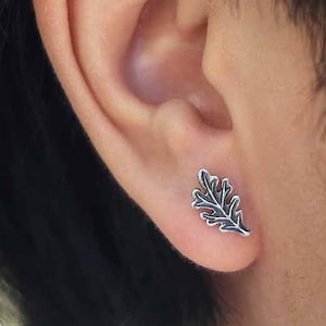 May include: A silver oak leaf stud earring worn in the left earlobe.