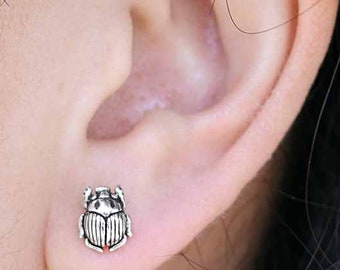 Scarab Stud Earrings 925 Sterling Silver Egyptian Scarab Studs Earrings June Bug Tiny Beetle Post Earrings