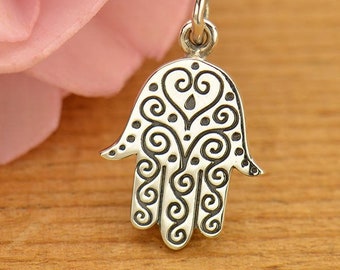 Sterling Silver Hamsa Hand Etched Charm. Hamsa Hand Heart Etched. 925 Solid Sterling Silver Hamsa Necklace Gift for her.