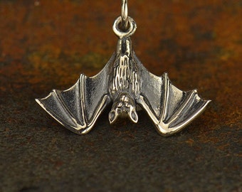 Sterling Silver Hanging Bat Charm. 925 Solid Sterling Silver Bat Pendant. Sterling Silver Bat Necklace.