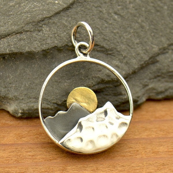 Sterling Silver Mountain Charm with Bronze Sun. Sterling Silver Mountain and Sun Charm. Mixed Metal Mountain Necklace. Nature Lover Gift